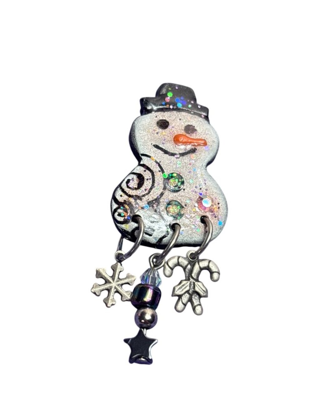 Vtg Handmade Snowman Brooch Pin Silvertone Charms Snowflake Candy Canes Star